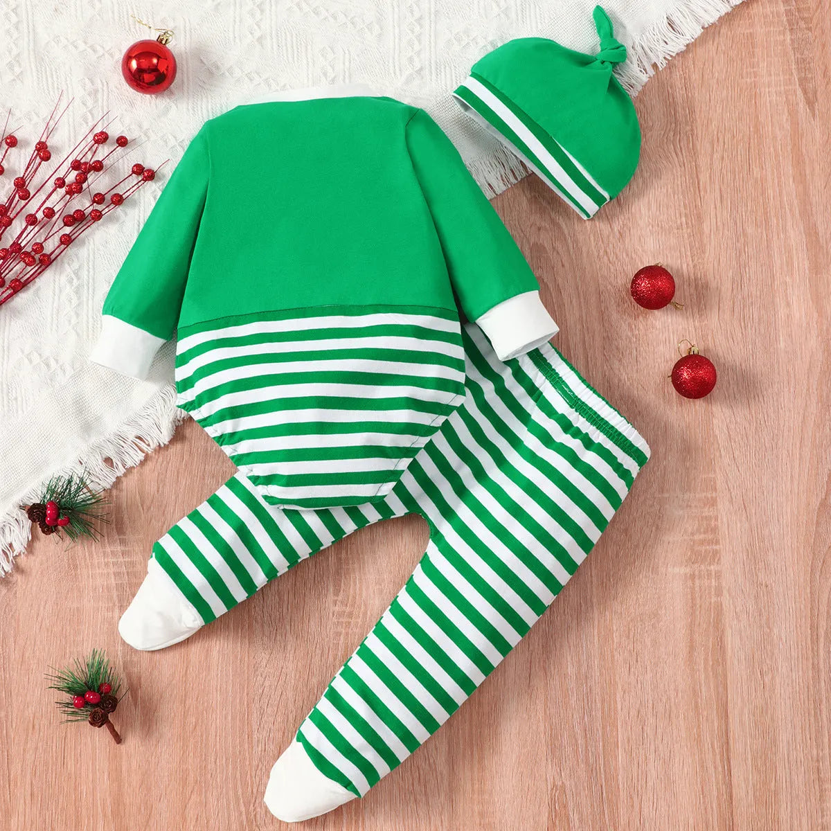 Baby Christmas elk striped hat set 3-piece green red cotton long sleeve top trousers and hat