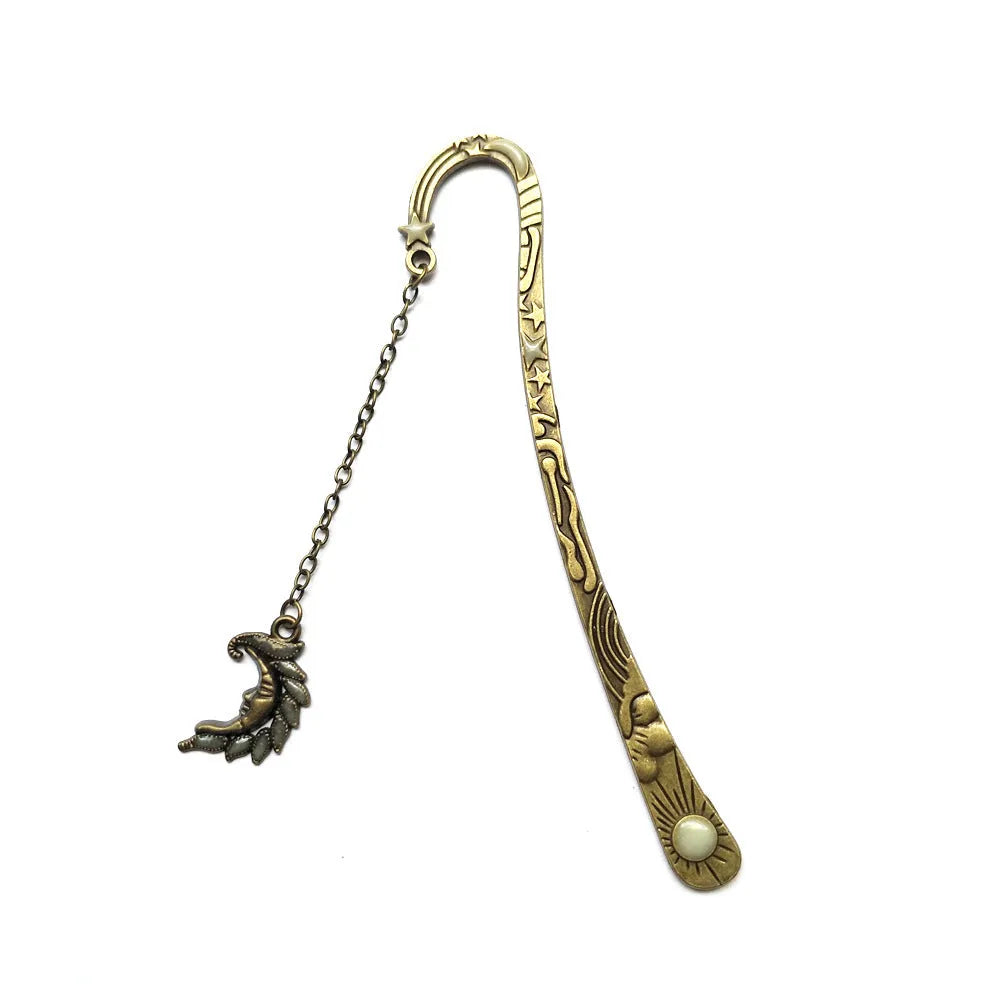 Retro celestial metal bookmark with glow-in-the-dark five-pointed star and sun moon stars design