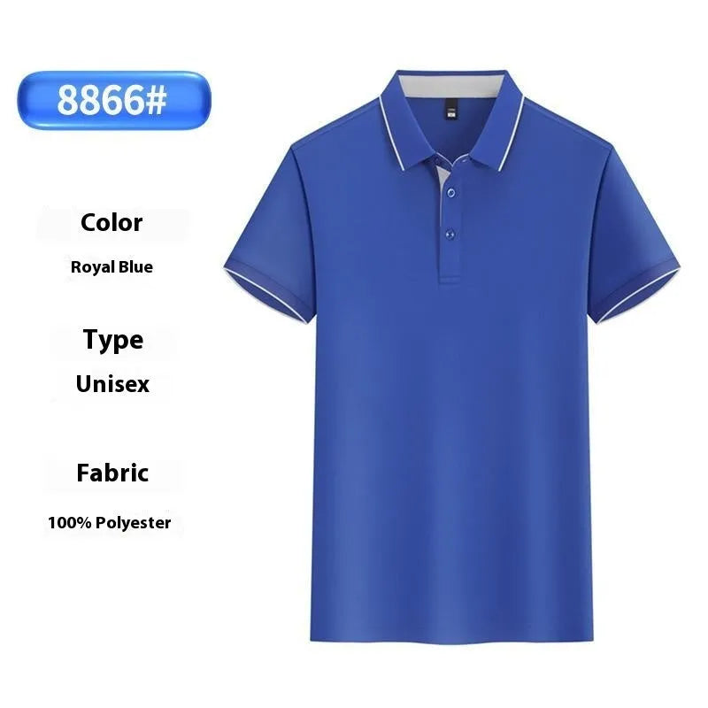 Men's light blue asymmetric ice silk polo shirt on a hanger, showing its unique collar and placket design.