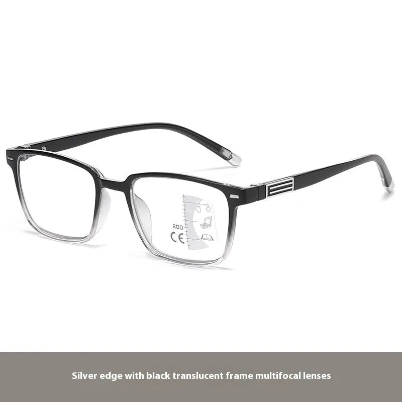 A pair of multifocal reading glasses with colour changing, anti blue light PC lenses in a black and silver frame style.