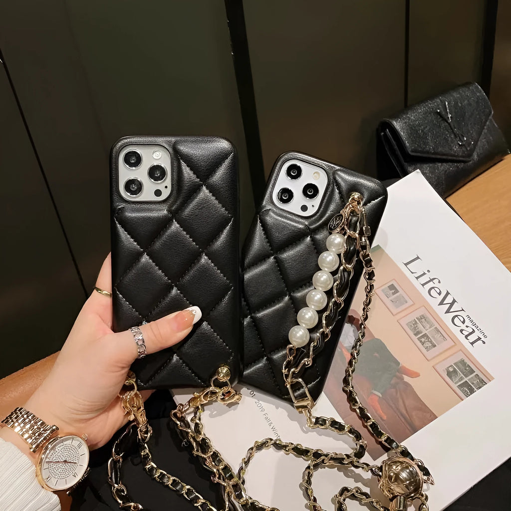 Xiaoxiangfeng adjustable messenger strap phone case imitation leather back cover with golden ball accent compatible with iPhone models