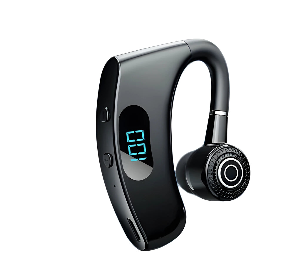 Digital display business earphones in black with charging compartment showing battery level, Bluetooth 5.2