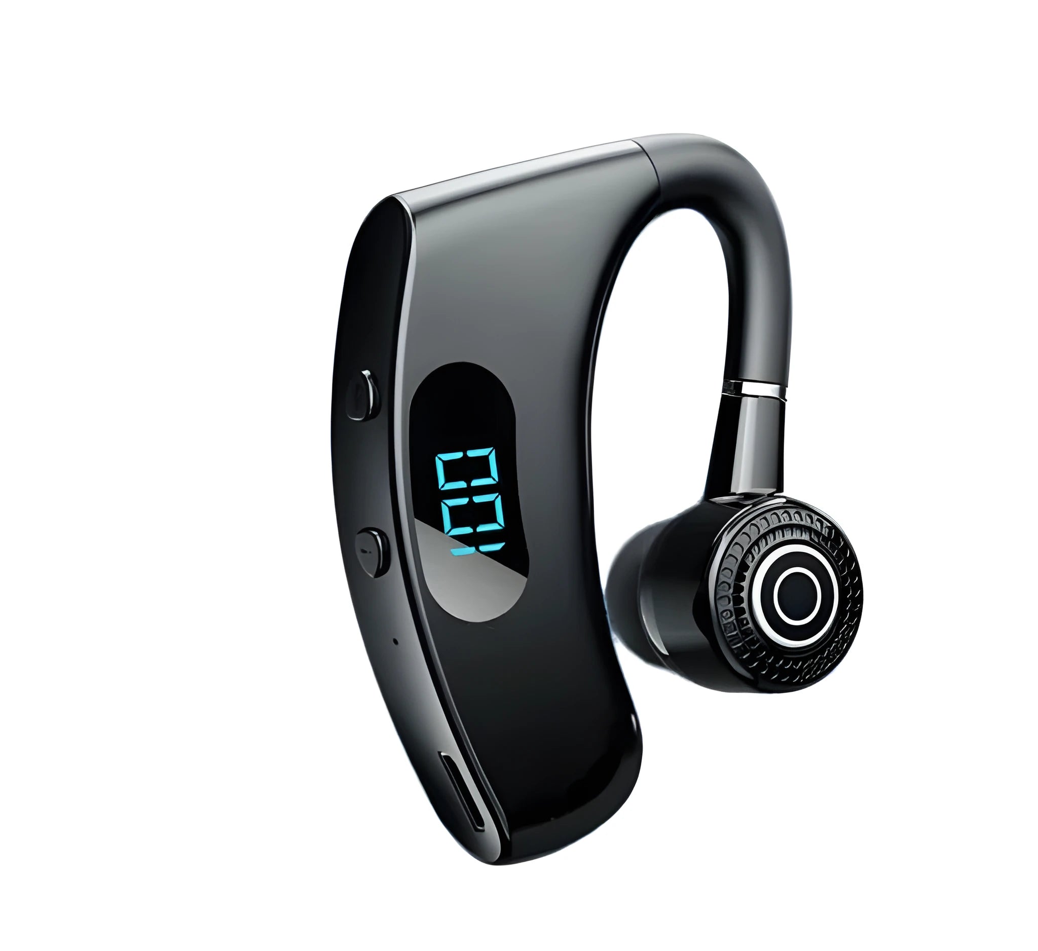 Digital display business earphones in black with charging compartment showing battery level, Bluetooth 5.2