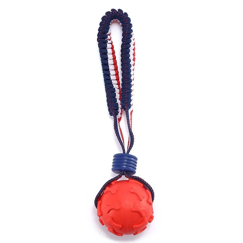 Interactive dog toy ball with rope for teeth cleaning and training in various colors