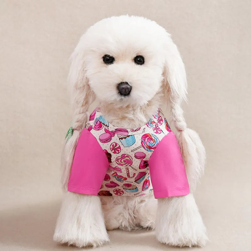 Full printed polyester casual t-shirt for small dogs in various colours with size chart showing bust and back length measurements
