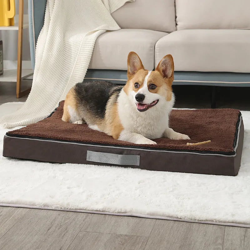 Brown removable washable memory sponge dog mat measuring 100x75x10cm on a wooden floor.