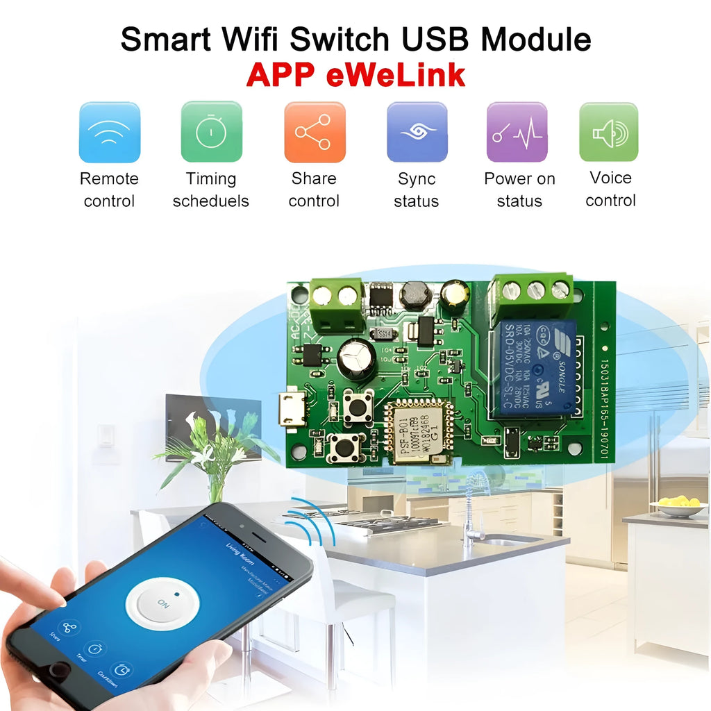 Self-locking interlock WiFi relay module with USB port and compact rectangular design