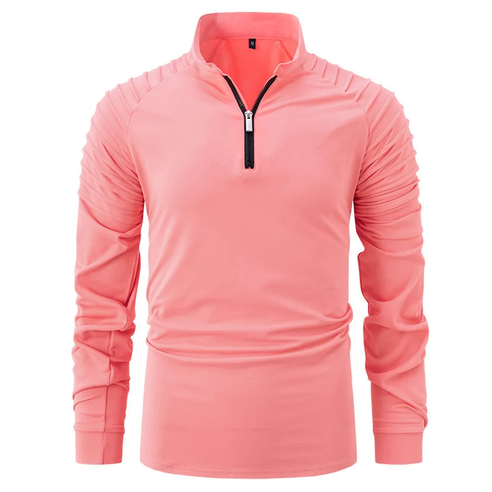 Cotton blend men's polo shirt with front zipper, slim fit, long sleeves, available in multiple colours for spring and autumn