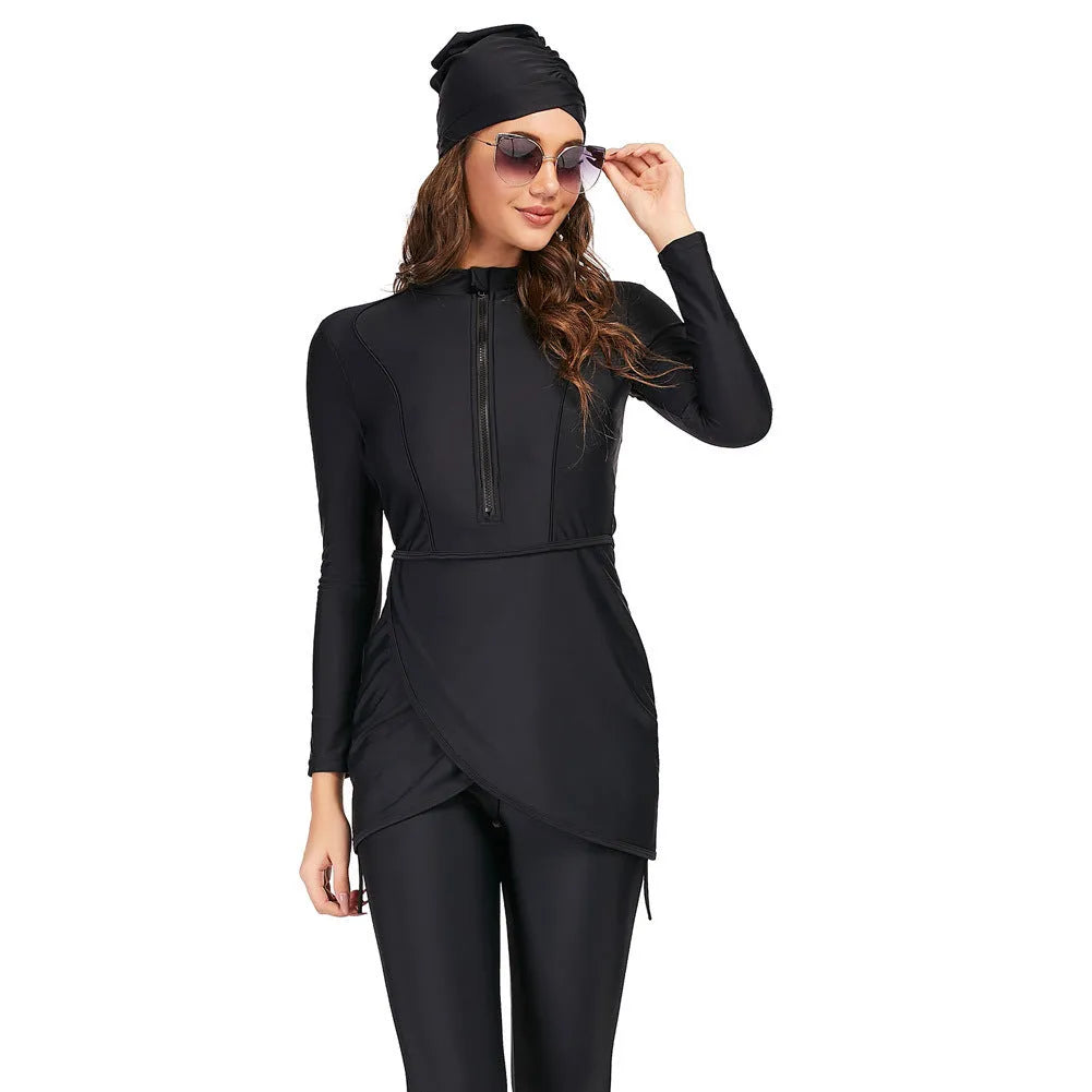 Black conservative ladies swimsuit with full coverage design and quick-dry fabric