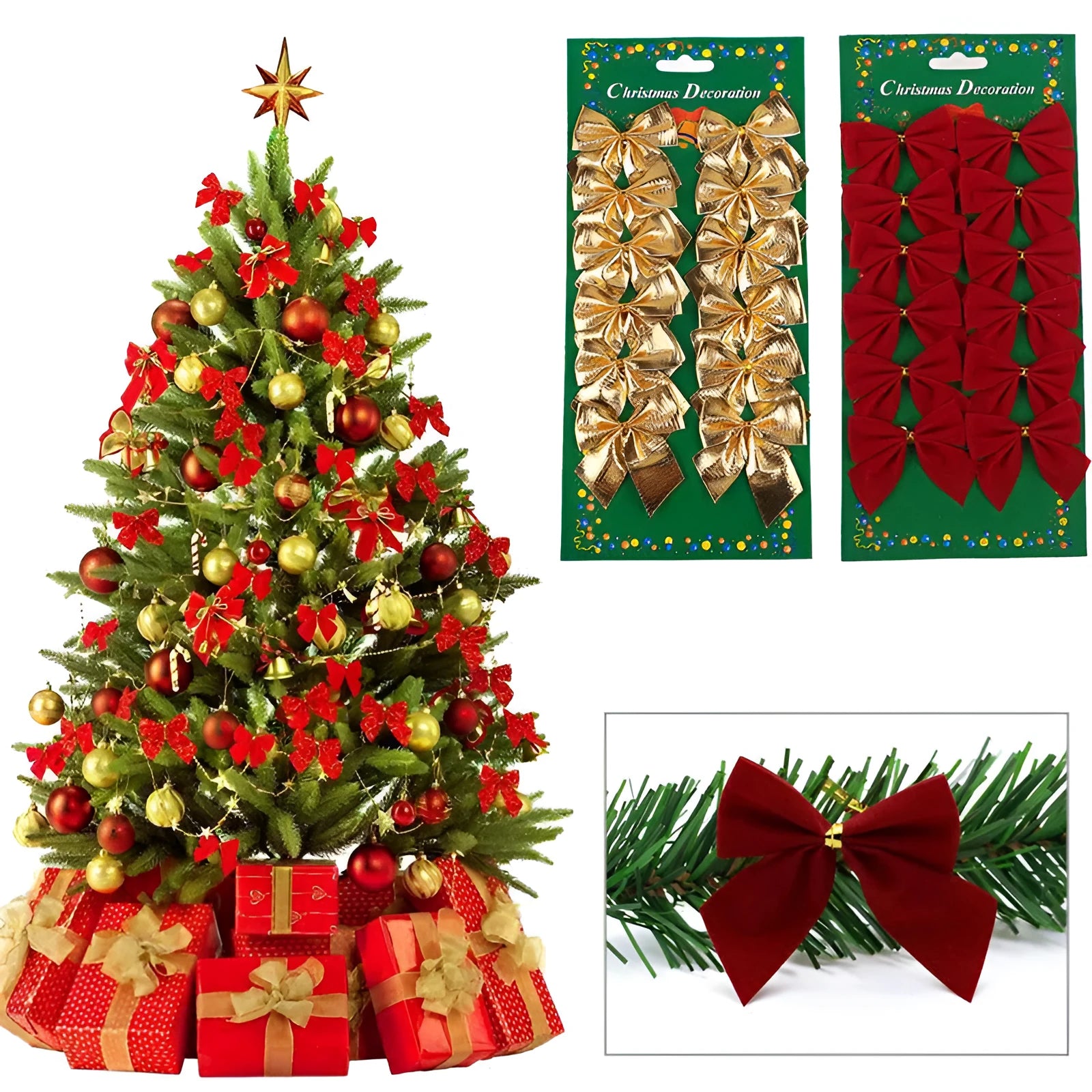 5 cm Christmas tree decoration bow in polyester fabric with gold red silver colour options