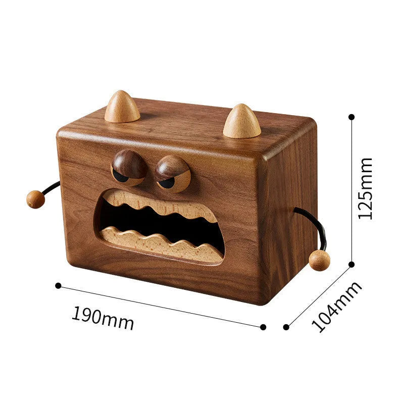 Cartoon Little Monster wooden tissue box in Walnut Beech colour measuring 190mm