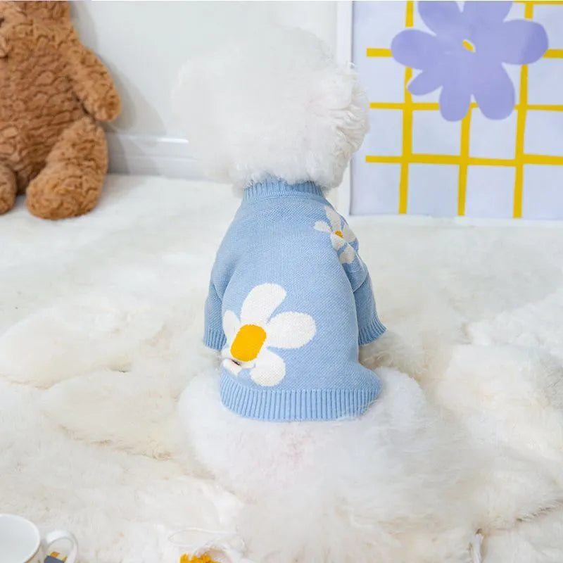 Blue polyester sweater for a small dog on a white background, showing the front of the garment.