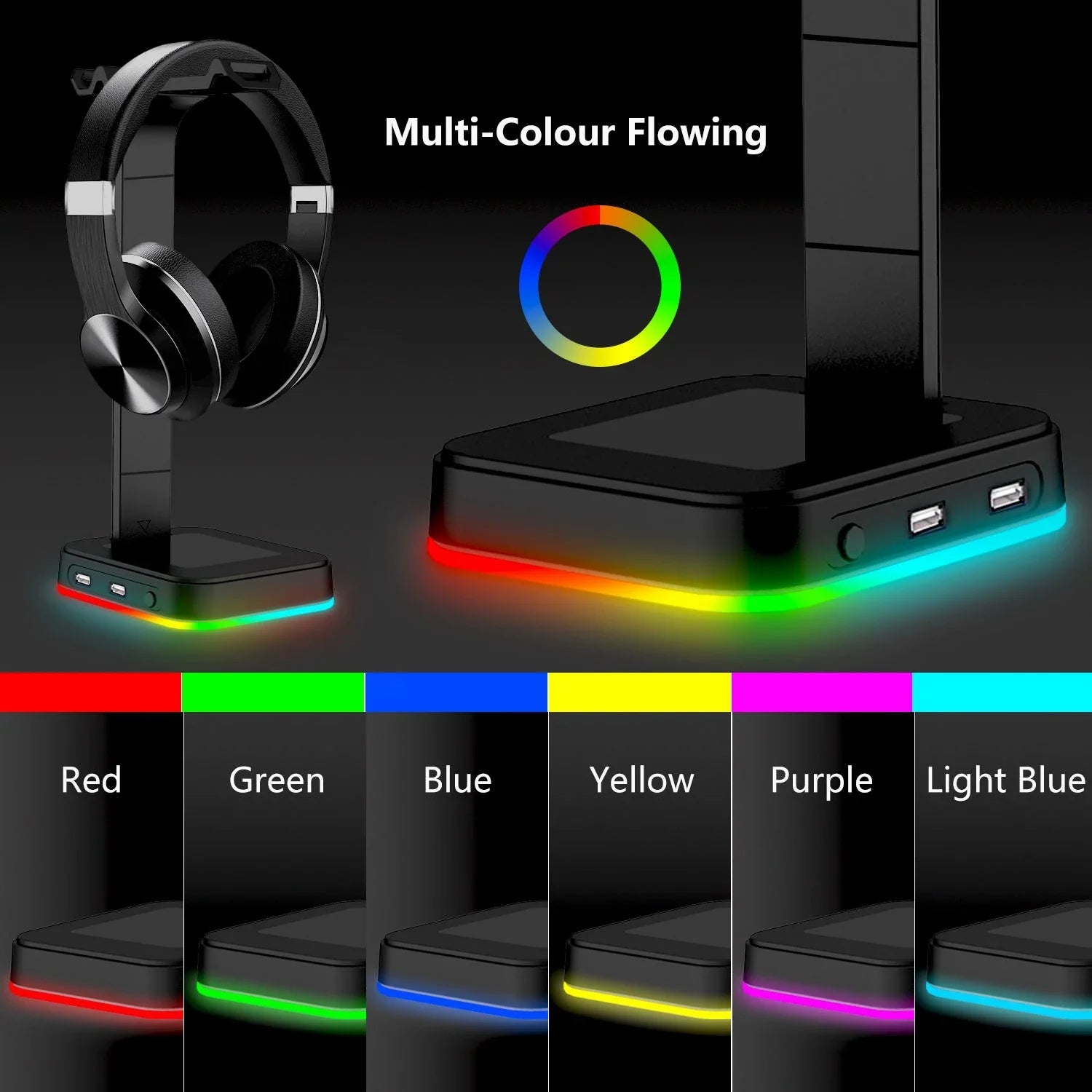 Sleek RGB headphone stand with power strip and charging ports for organized and customizable gaming setup