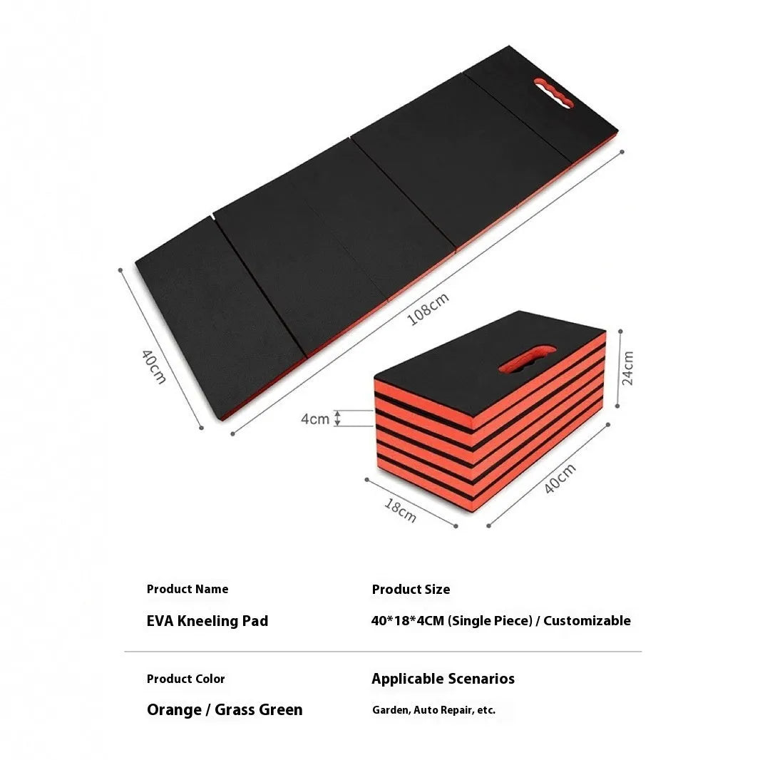 EVA folding kneeling mat folded and unfolded showing 116x40x2.5cm dimensions