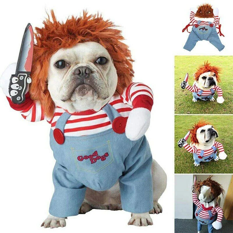 Adjustable polyester pet Halloween costume with wig and foam knife accessories for dogs