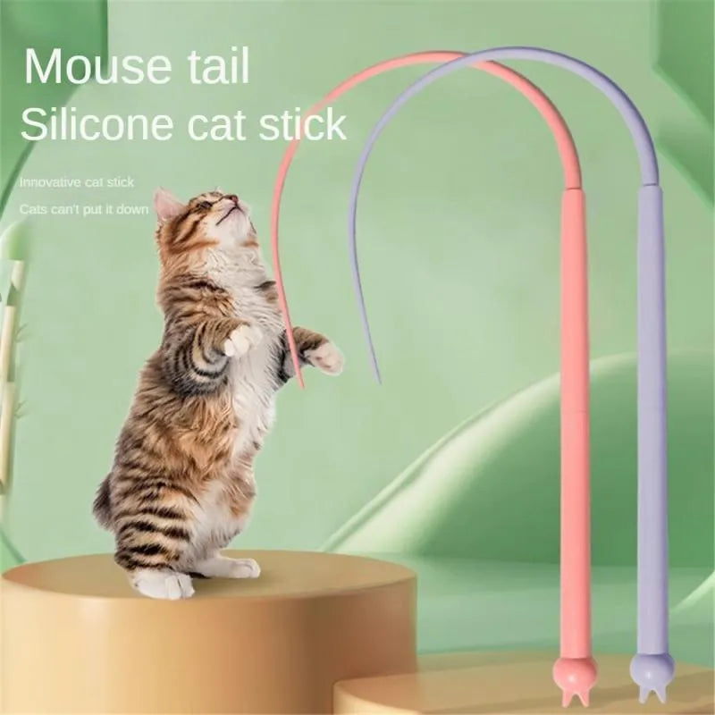 Blue simulated mouse tail cat teasing stick with silicone tail and cat head design for interactive play