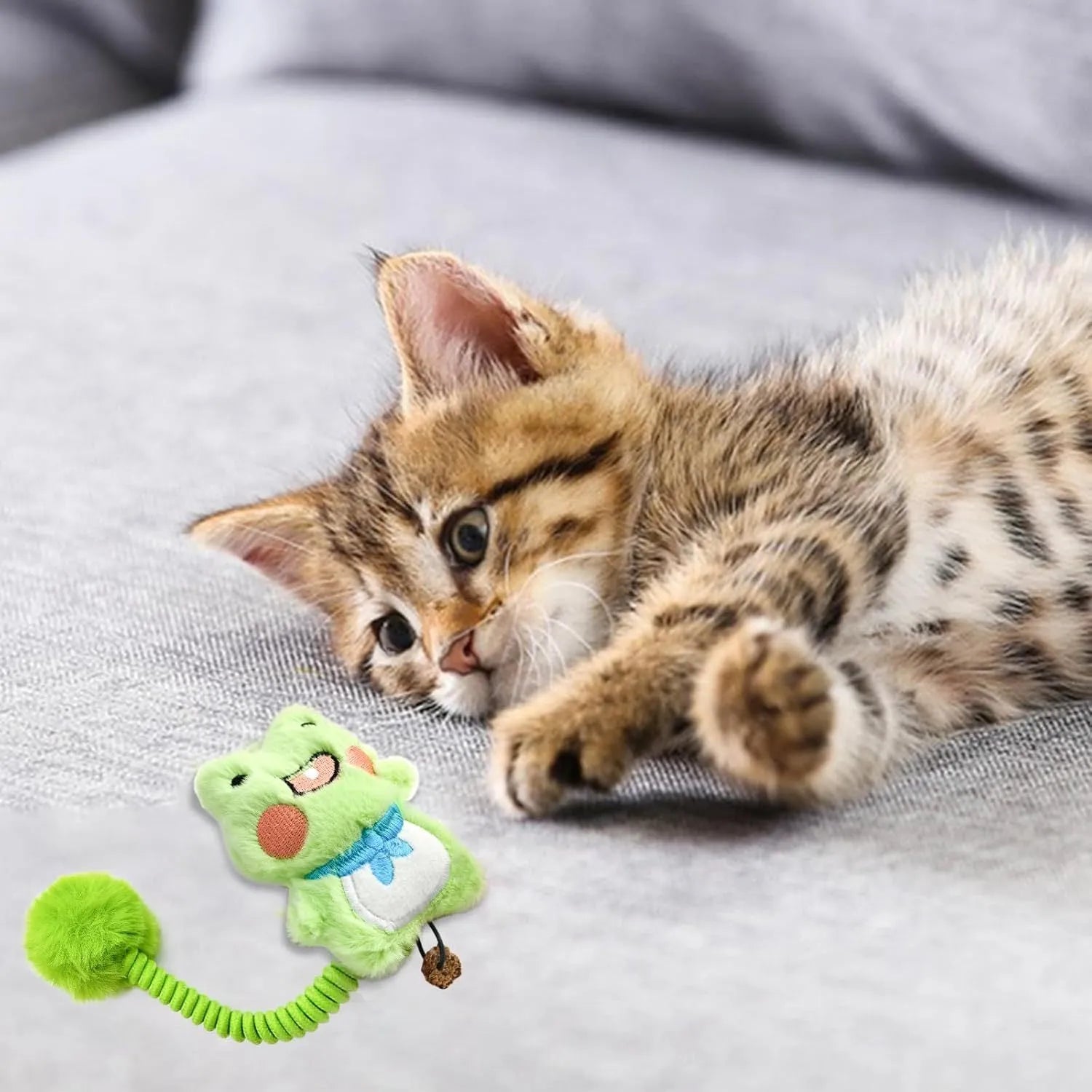 Set of interactive cat toys including plush animals, a silvervine fruit, a spring, and a fuzzy ball.