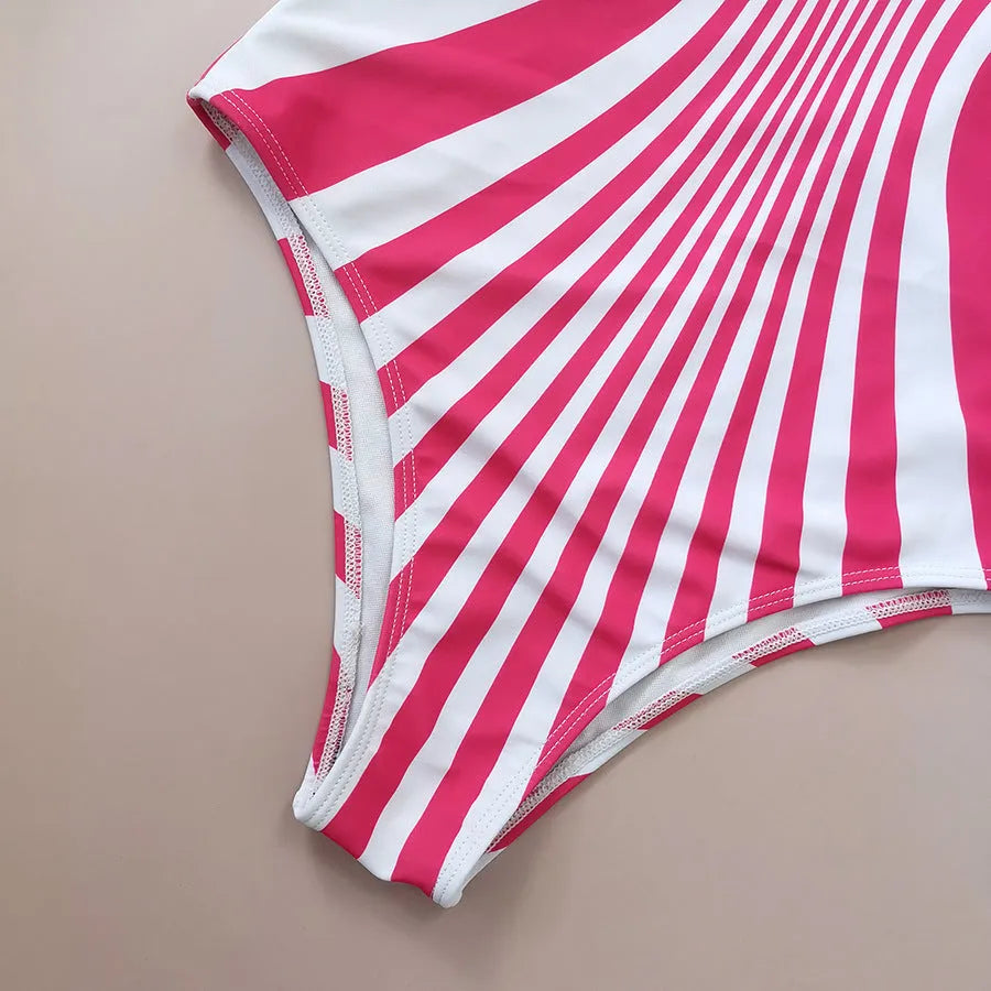Pink striped digital print women's one-piece swimsuit shown from front and back.