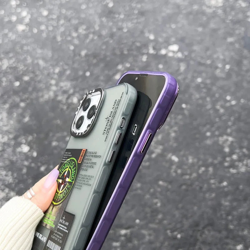 Hard back soft edge phone case with electroplated lens ring Stone Island label for iPhone 13 14 series