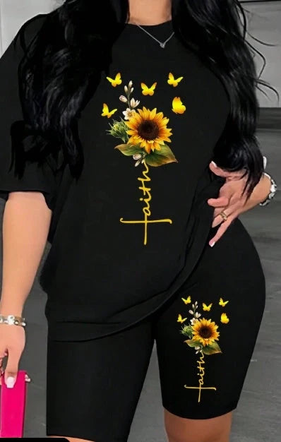 Women's sunflower printed short sleeve t-shirt and cycling shorts set in burgundy, black, or blue