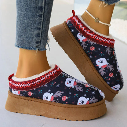 Women's plush-lined Christmas ankle boots with festive prints for winter warmth