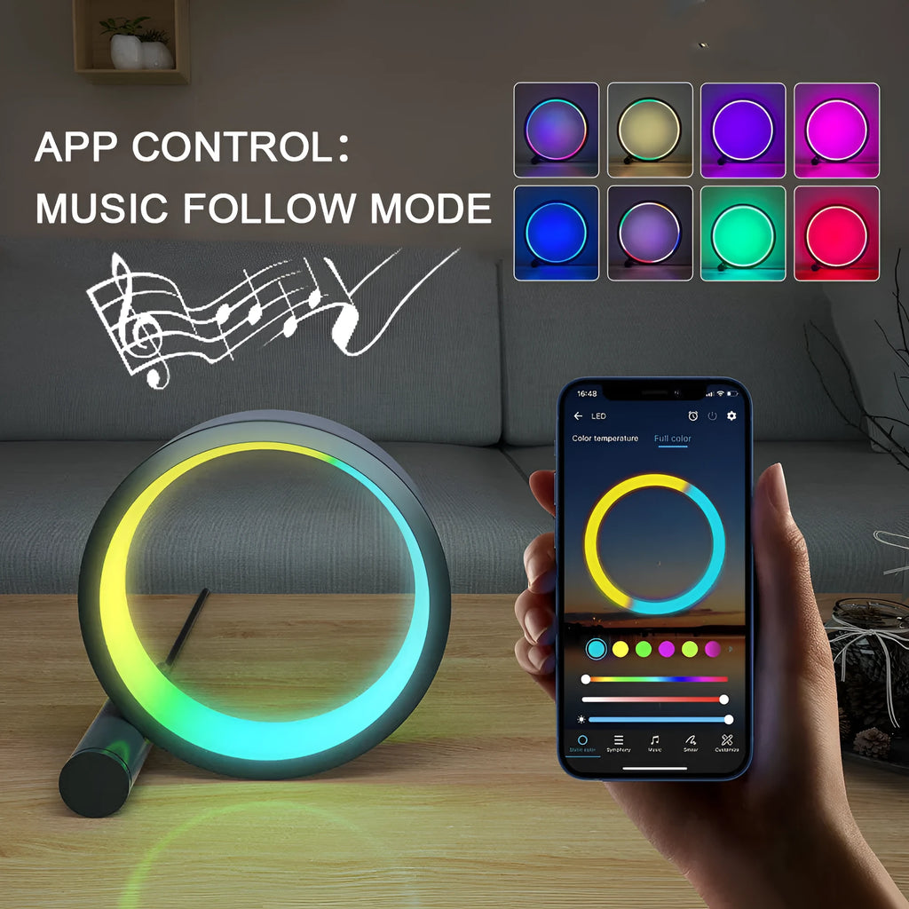 Smart aluminium alloy LED light with colourful music-reactive rings and a remote control