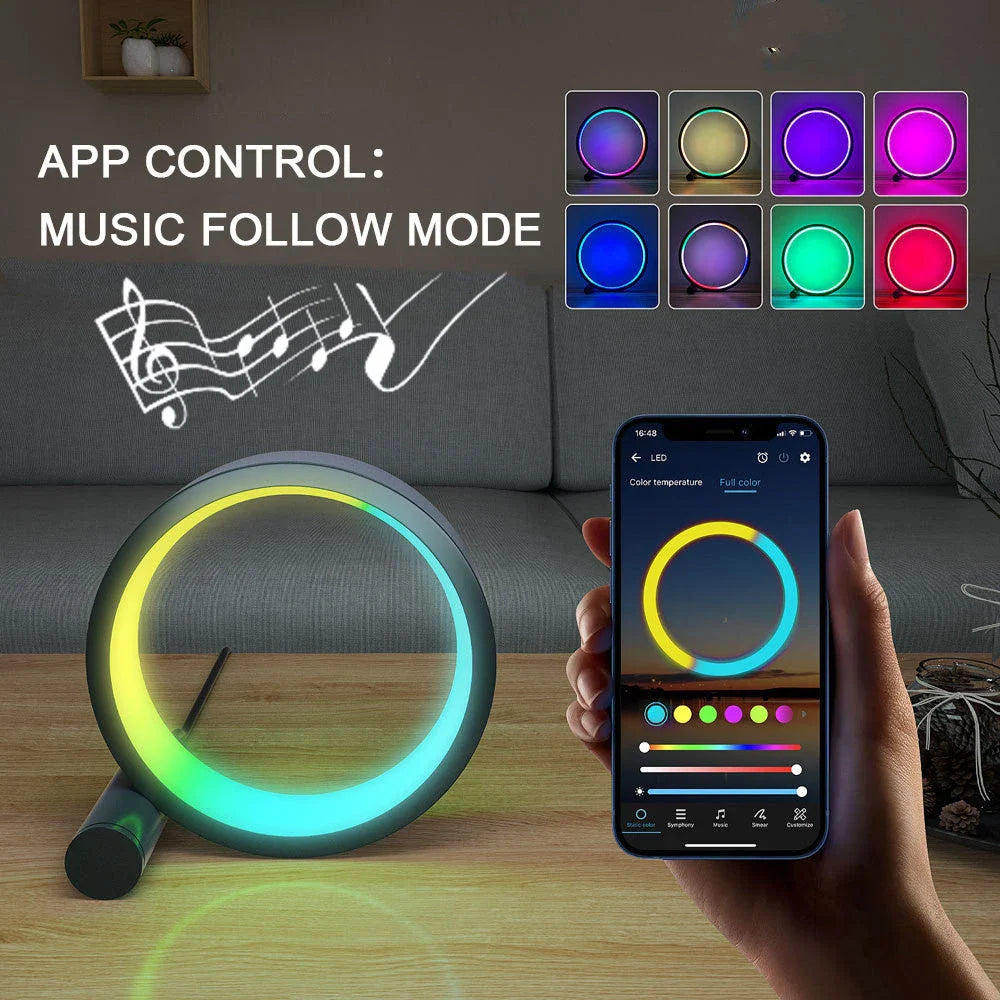 Customizable smart LED ambiance light with music-synchronized lighting, app control, and adjustable color and brightness settings