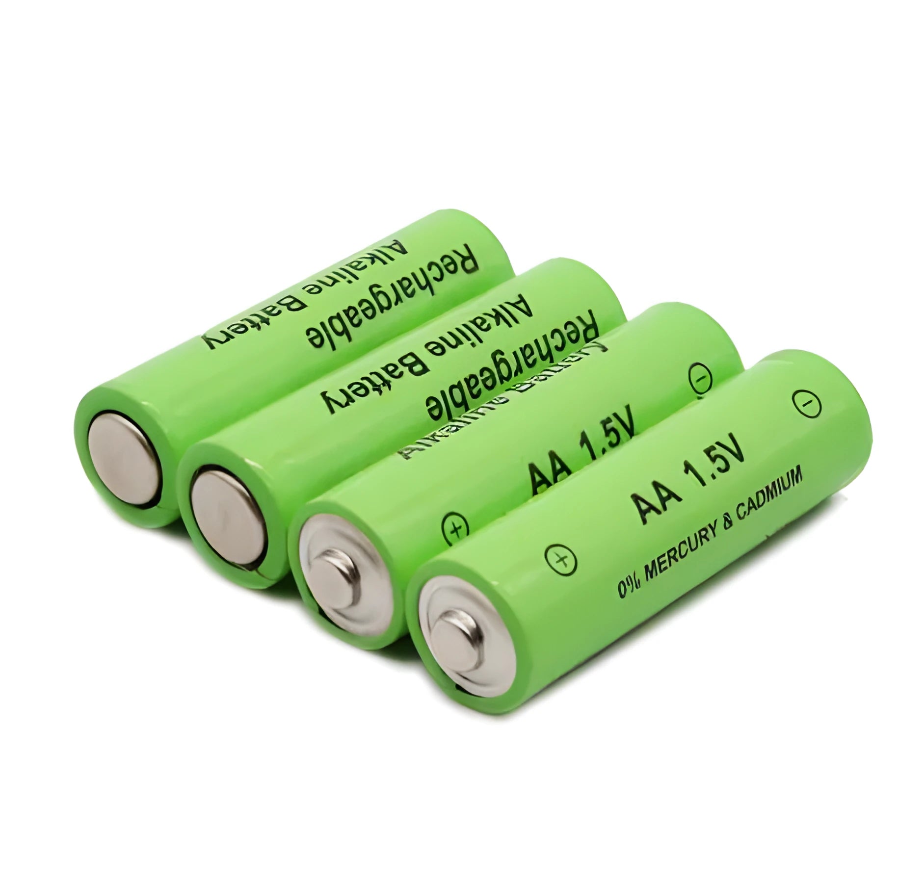 Green alkaline AA rechargeable battery with 3000mAh capacity and 1.5V rating on label.