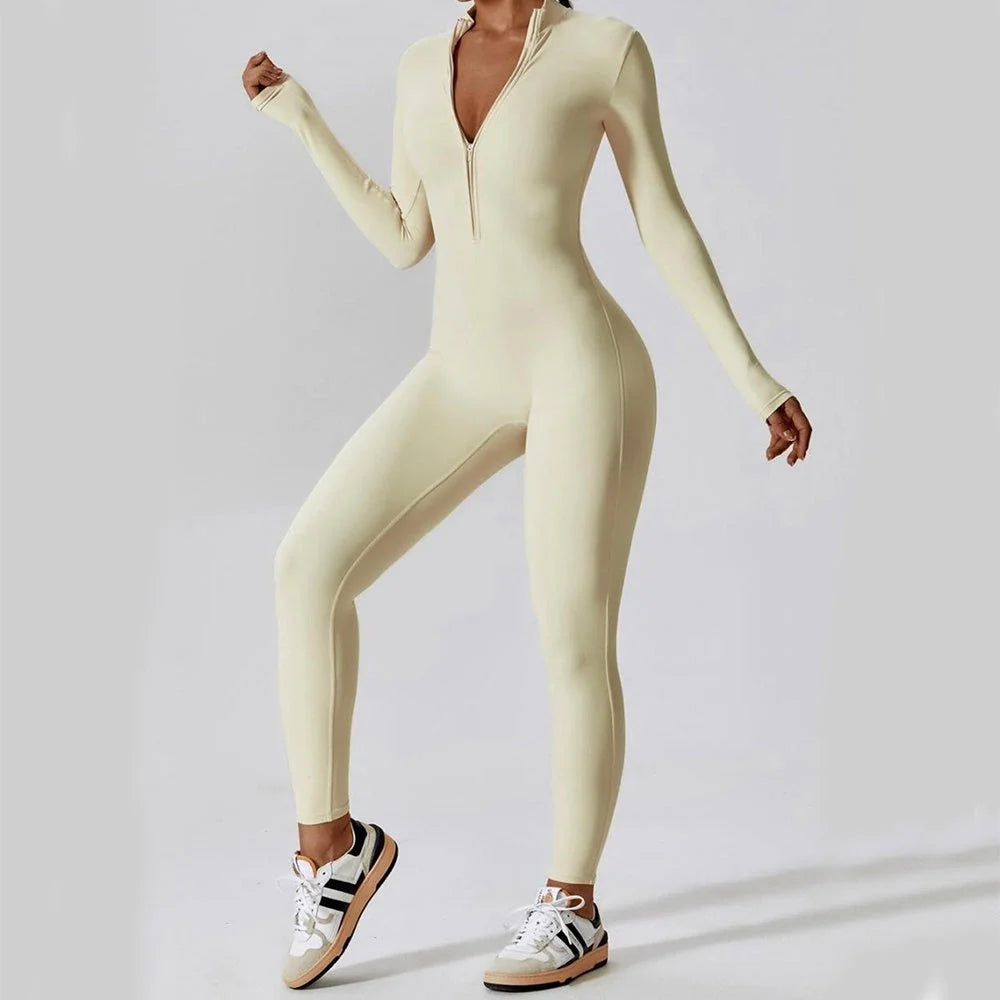 Women's long sleeve seamless jumpsuit for yoga and fitness in various colours