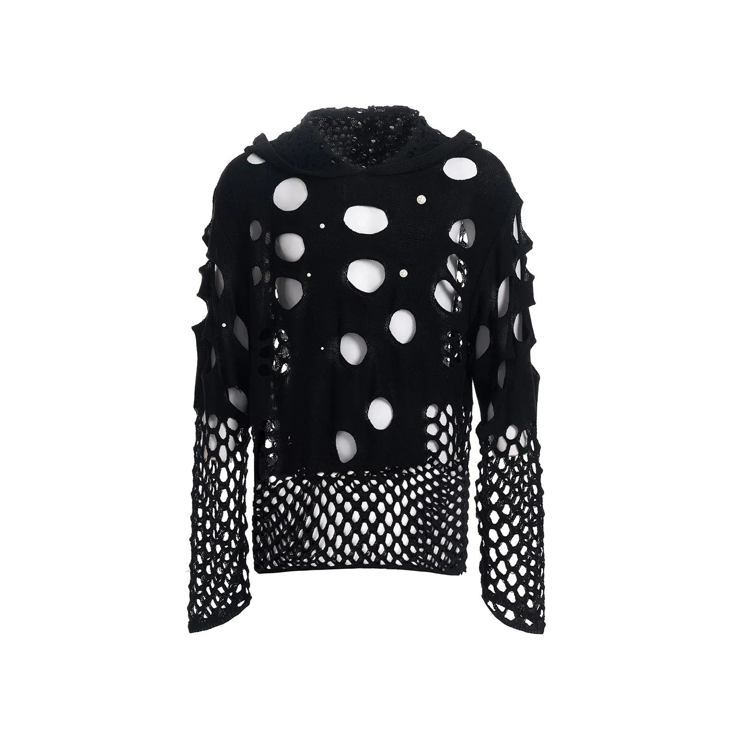 Man wearing a black loose-fit hollow knit hoodie with pearl decorations on the hood.