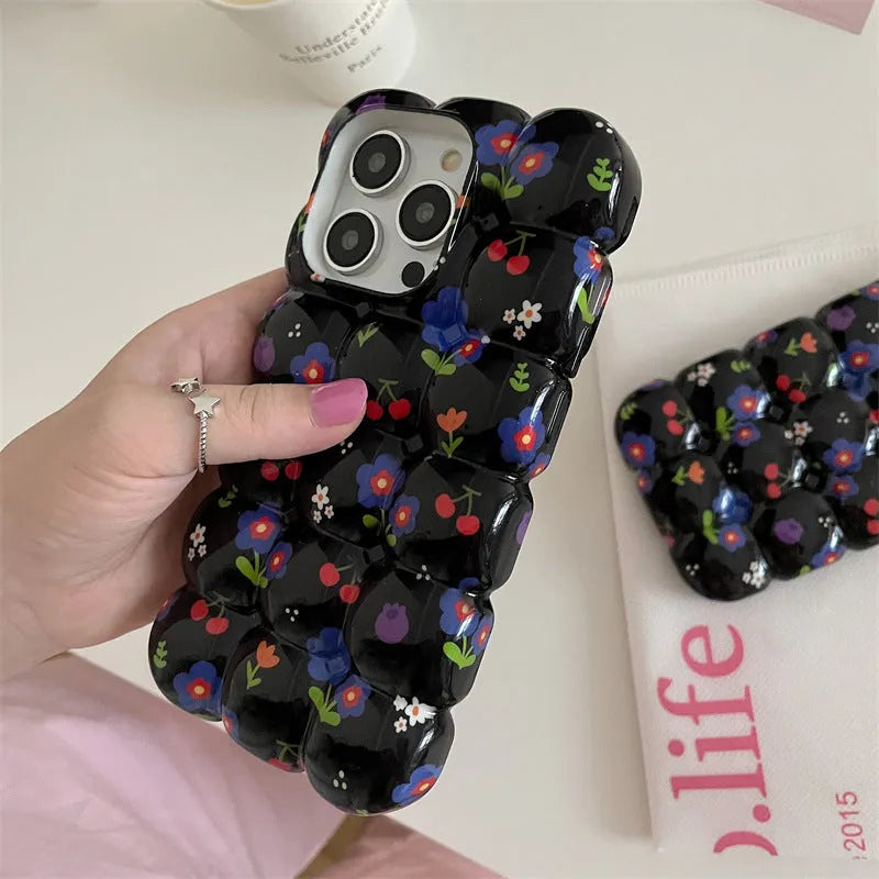 Retro cherry floral plaid TPU anti-fall phone case for iPhone with black background