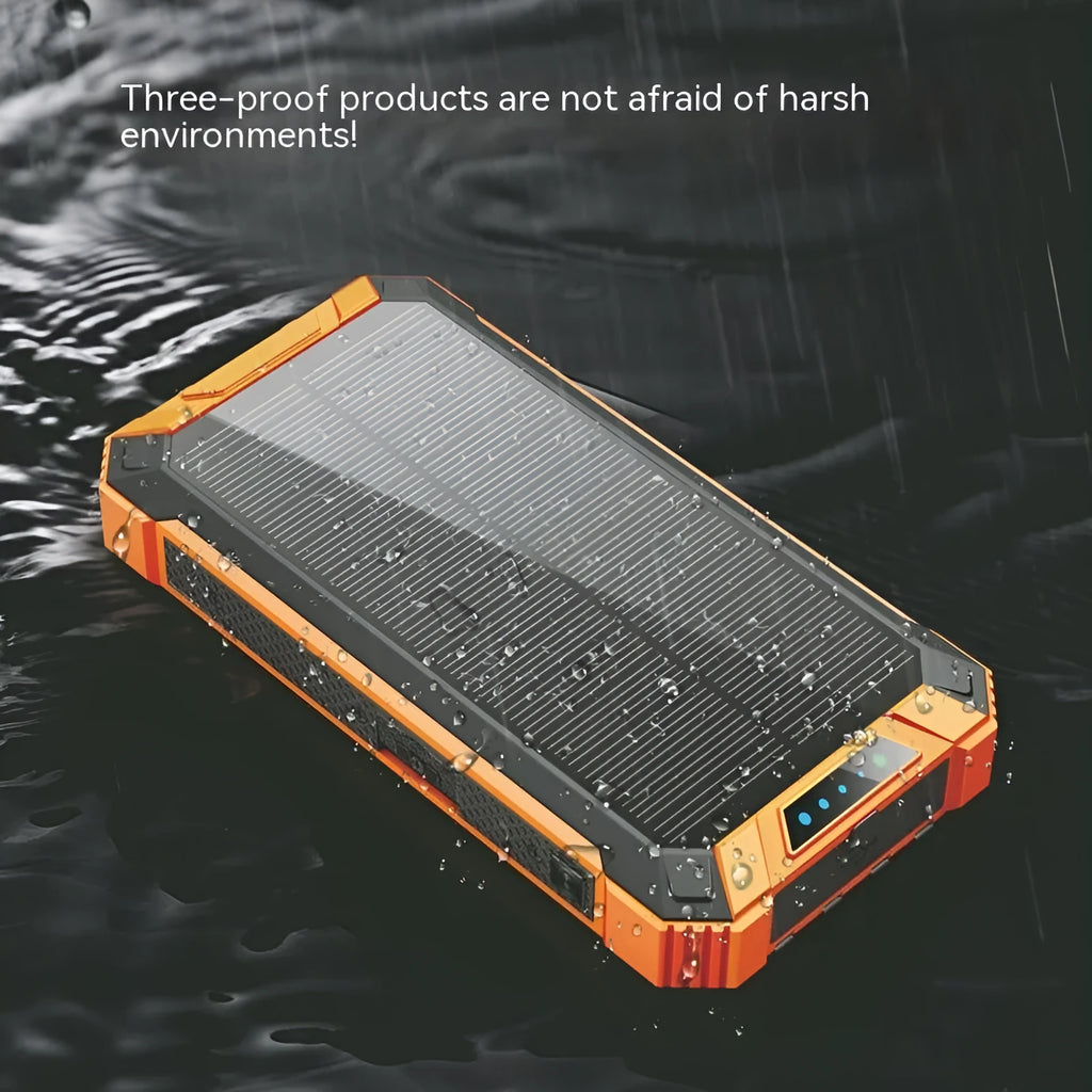 Portable solar power bank with wireless charging, plastic shell, 173x89x28mm, in orange black colour option.
