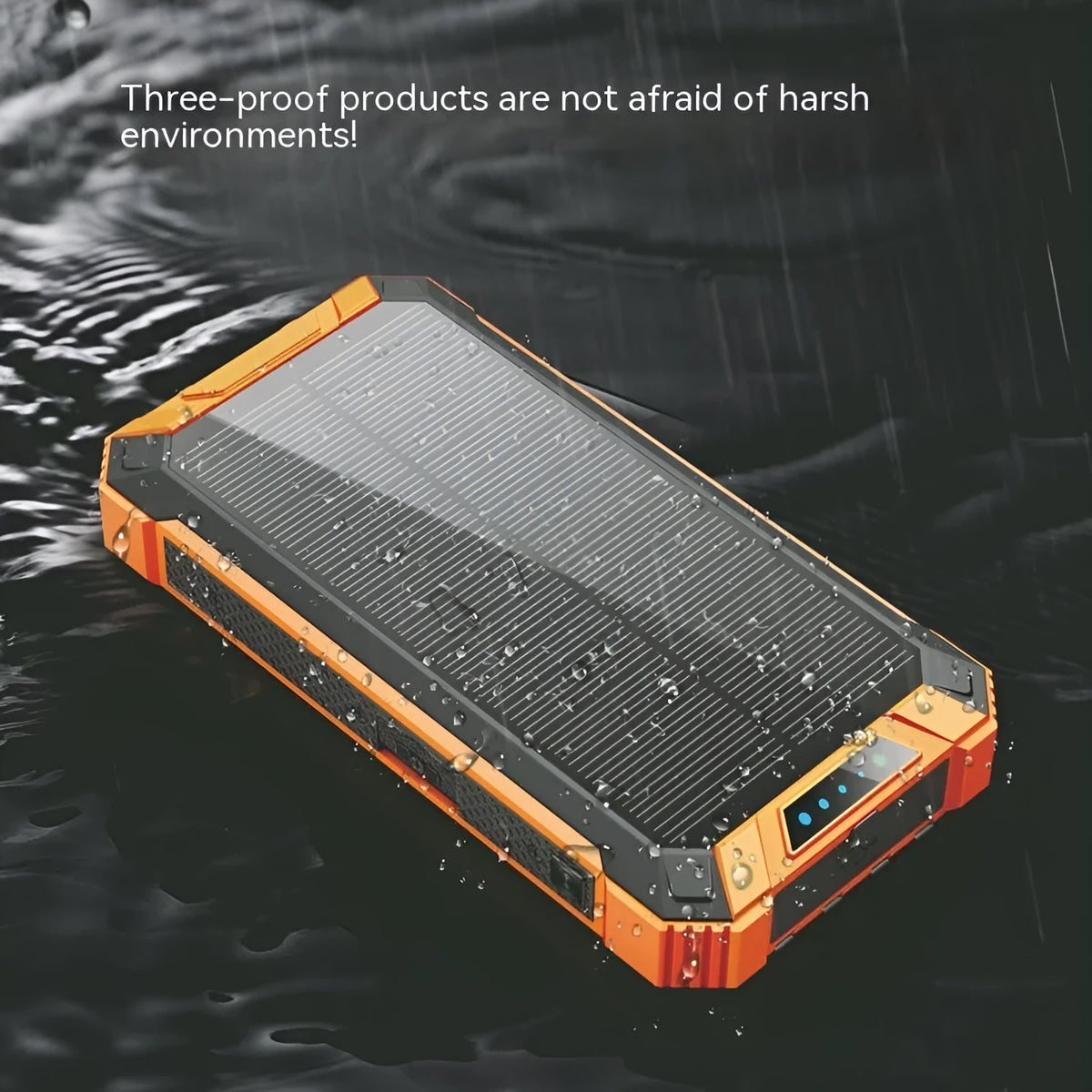 Portable solar power bank with wireless charging, plastic shell, 173x89x28mm, in orange black colour option.