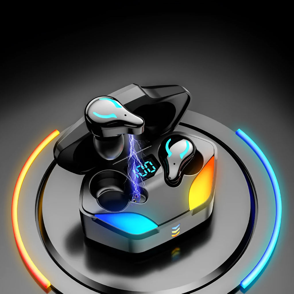 Black Bluetooth gaming headset with in-ear design for mobile gaming featuring zero-latency wireless audio