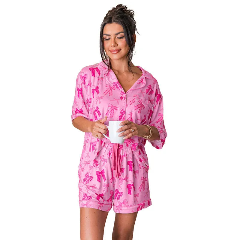 Pink bow print women's two-piece pajama set with top and trousers