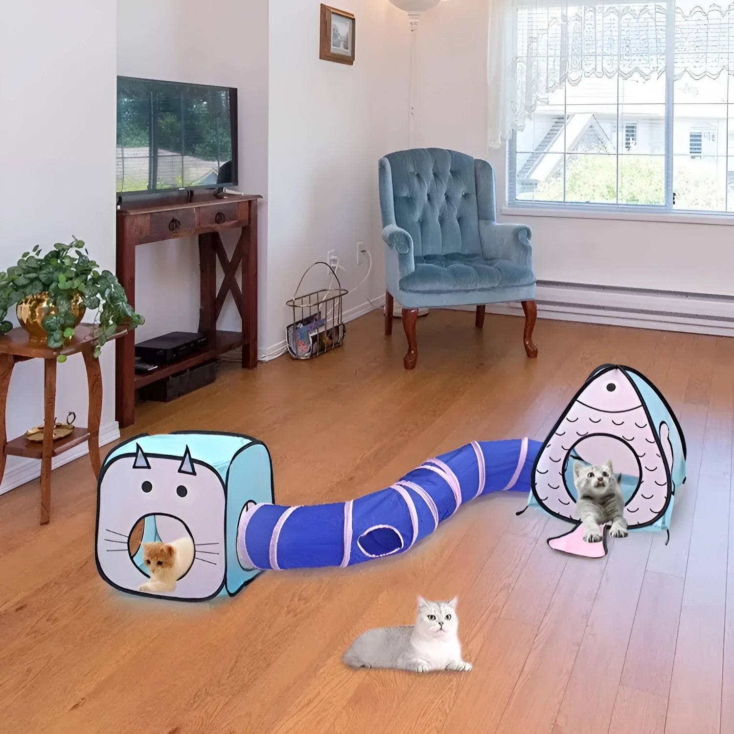 Foldable pet tent and tunnel set with cat and fish design in blue, white and orange colours