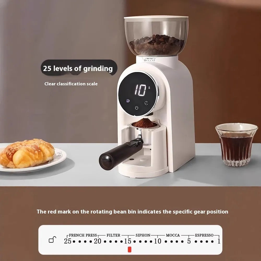 Smart electric coffee grinder with adjustable scale in black plastic body