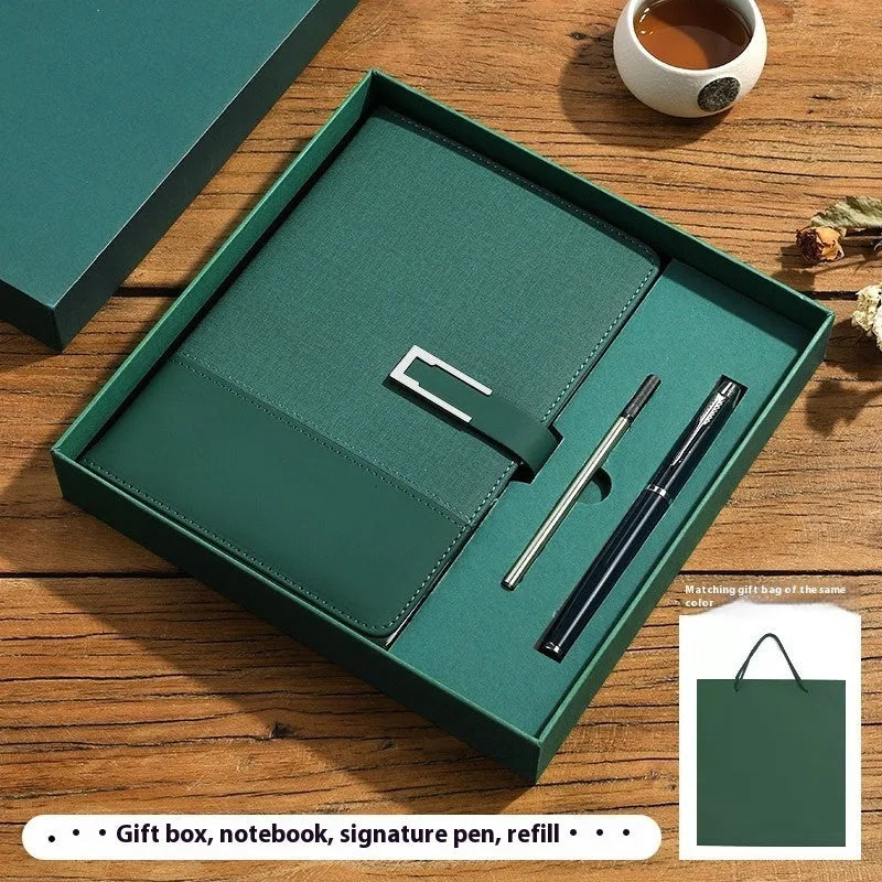 A5 soft PU leather business notebook in choice of five colours, shown with wood-free paper pages and optional gift box.