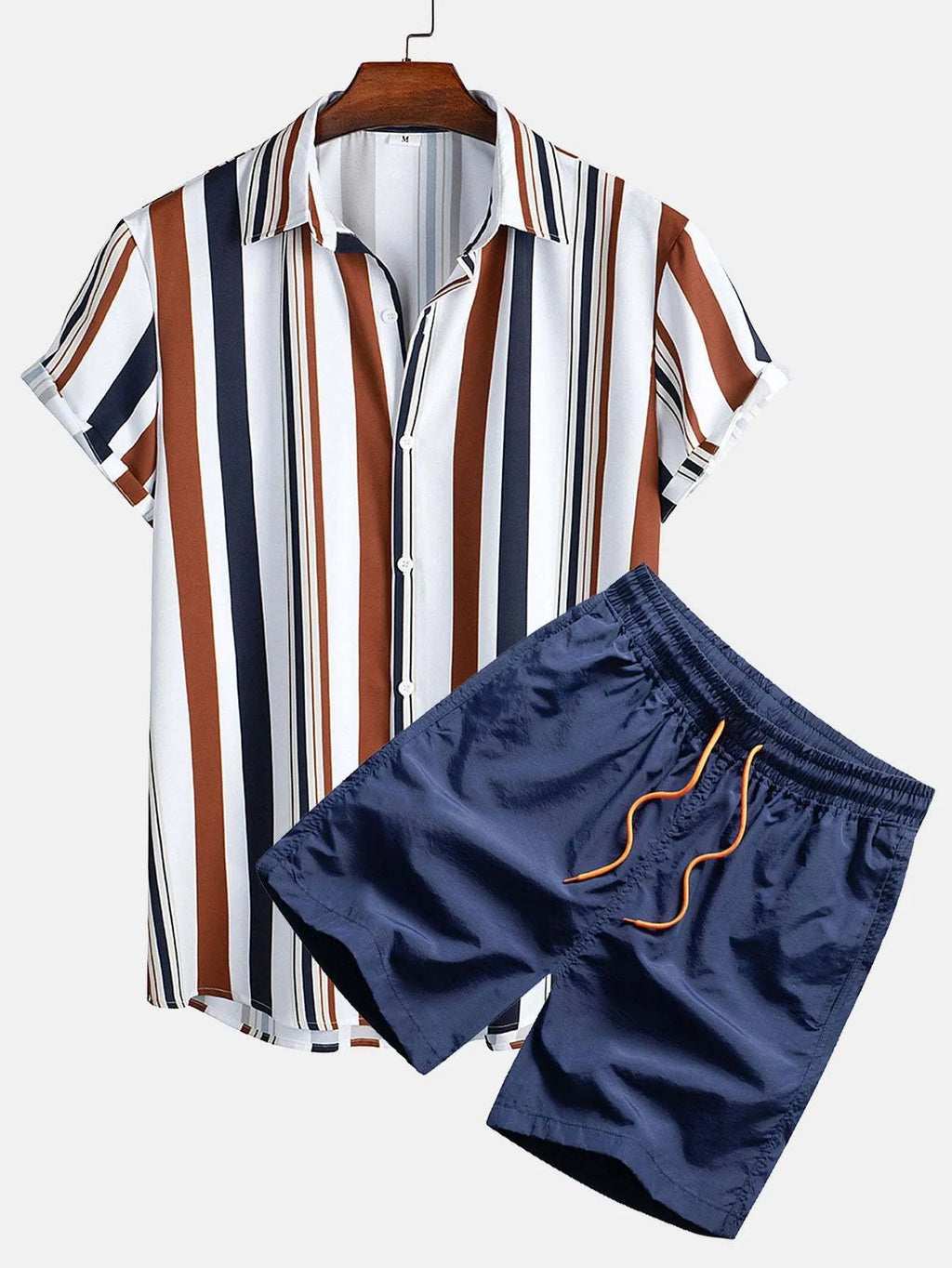 Man wearing a digital print short-sleeve cardigan and matching shorts from a casual suit set.