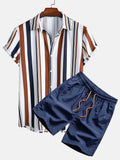 Man wearing a digital print short-sleeve cardigan and matching shorts from a casual suit set.