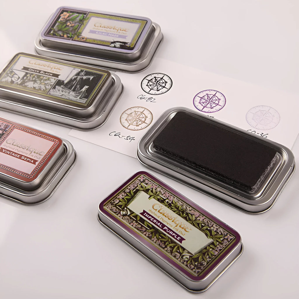 Rectangular stamp pad with oily ink for rubber stamps in five colour options