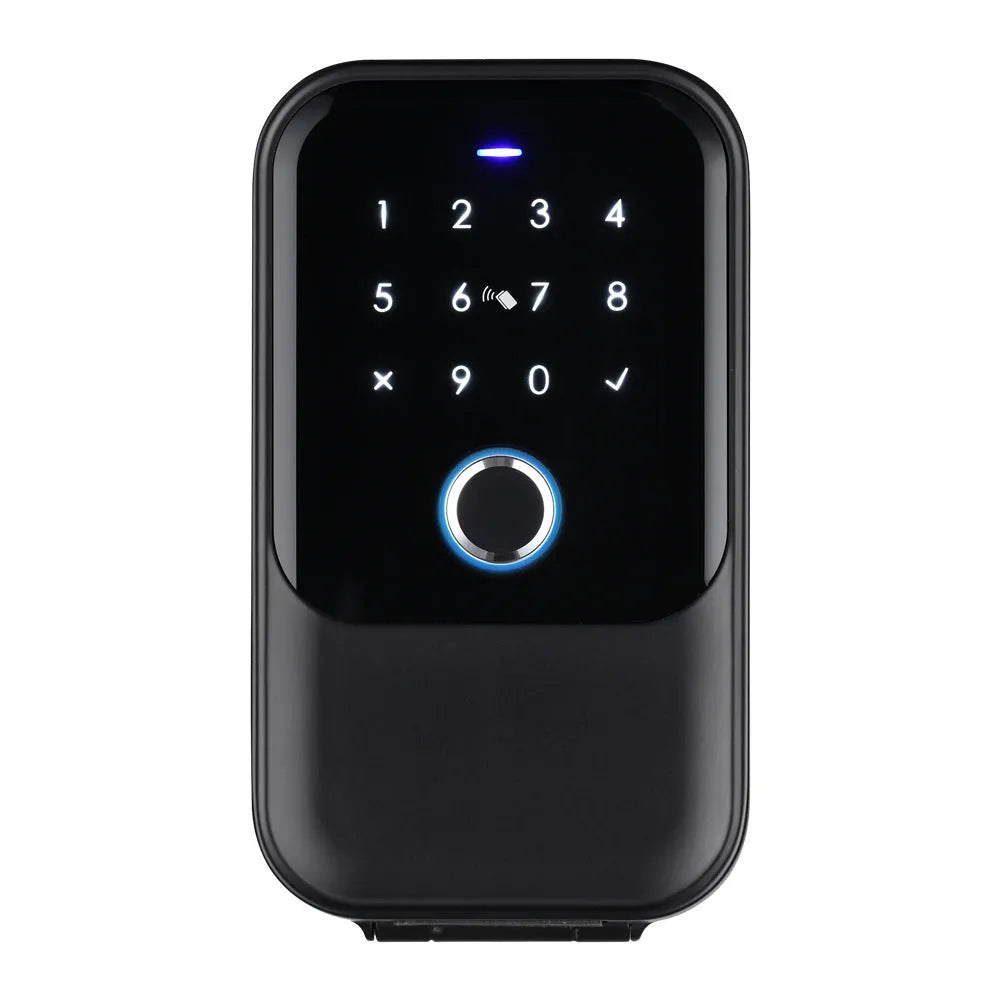 Multifunctional fingerprint password card key box with Bluetooth and TTLock gateway options, black ABS plastic casing
