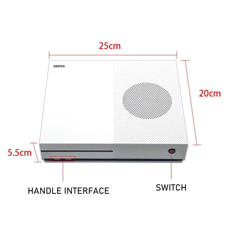 White wired Arcade Xgame joystick TV game console with two controllers, HDMI and AV cables on a table