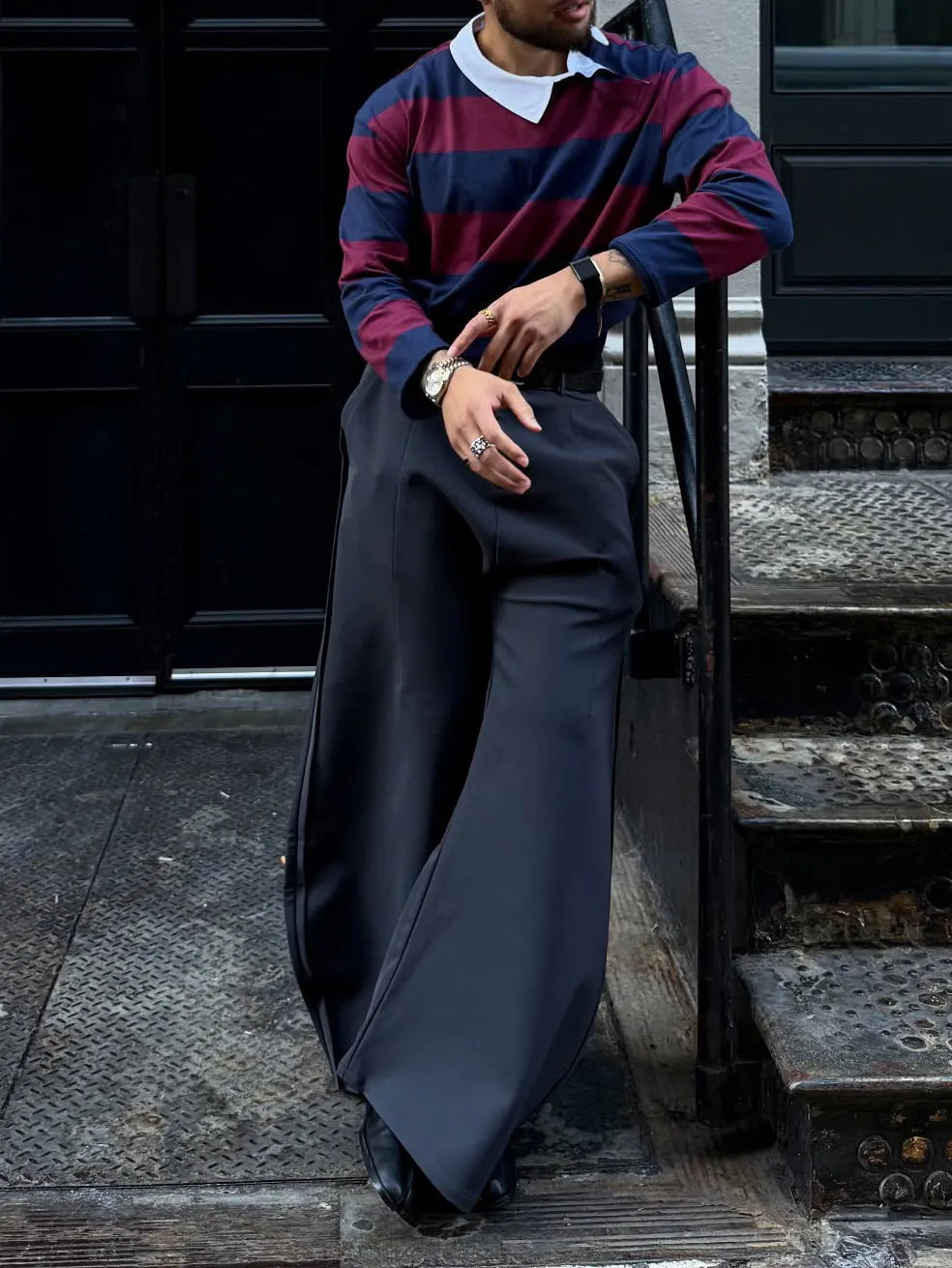 Grey scimitar wide-leg pants made of polyester with regular fit, plain design for casual daily wear.