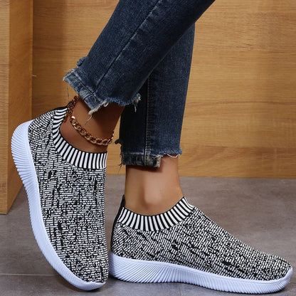 Stripe knit sock shoes in white, grey, and flower colour for running and walking