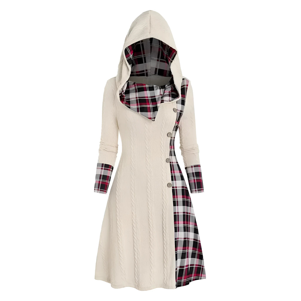 Women's hooded sunken stripe sweater long sleeve pullover dress in solid colour A-line midi street fashion style