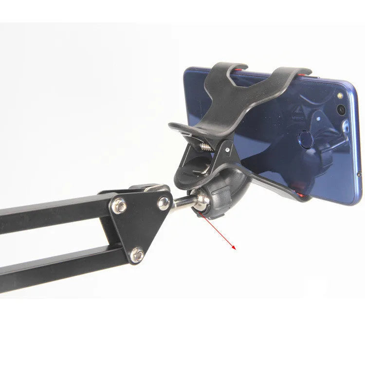 Black adjustable phone stand with 23cm long arm and weighted base for desktop use