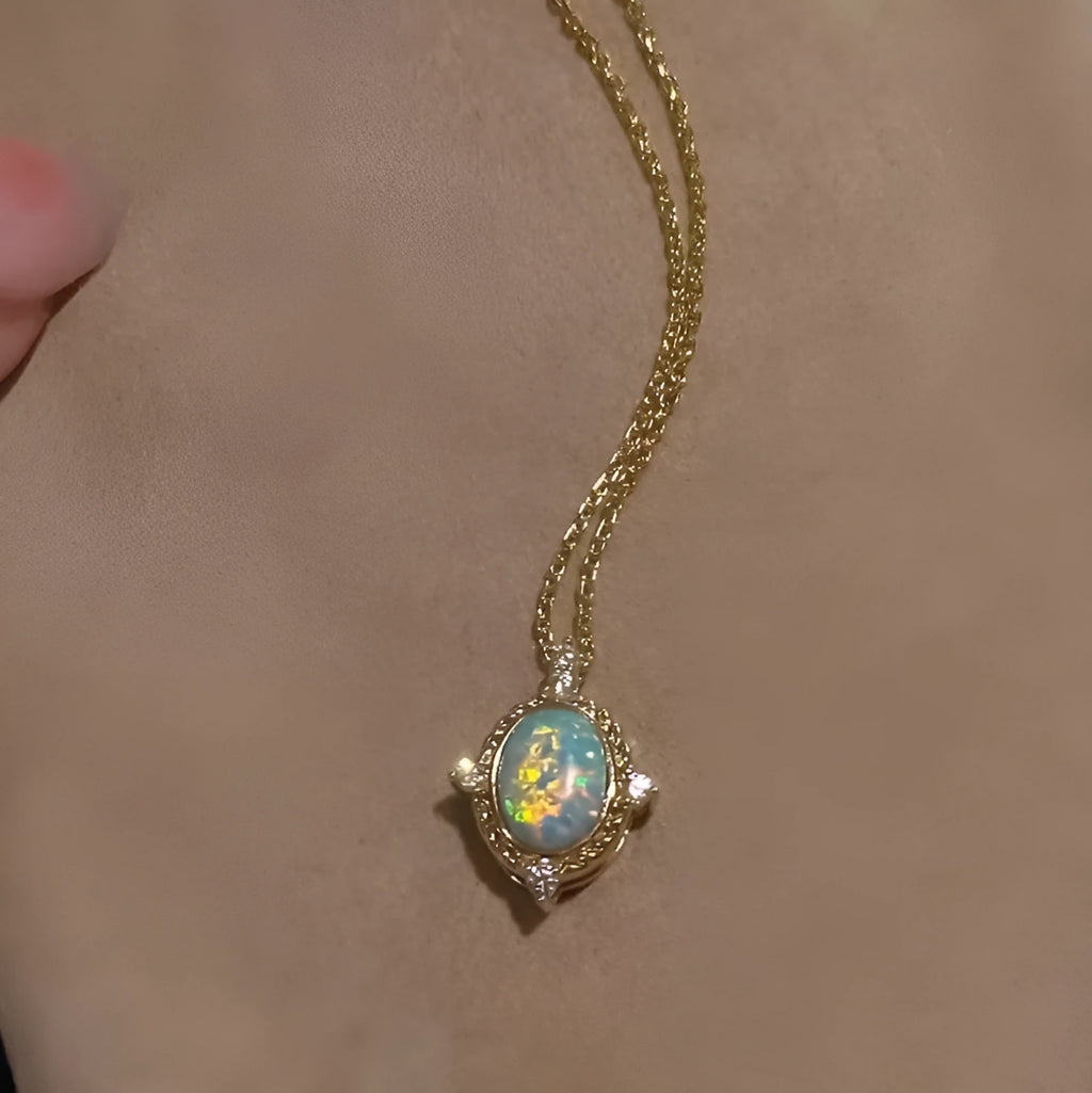 925 silver opal necklace pendant with oval stone, vintage electroplated finish, and regular chain