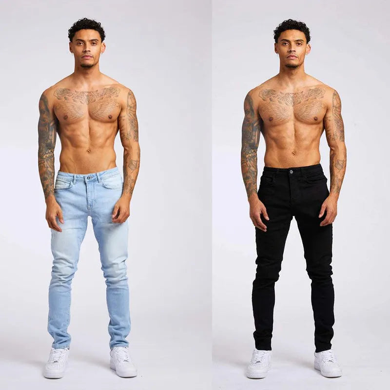 Men's casual slim fit high waist jeans in light blue cotton with five pockets