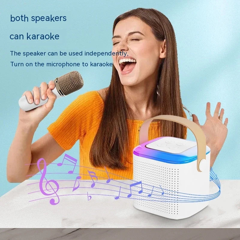 Portable karaoke machine with dual wireless microphones and RGB lighting